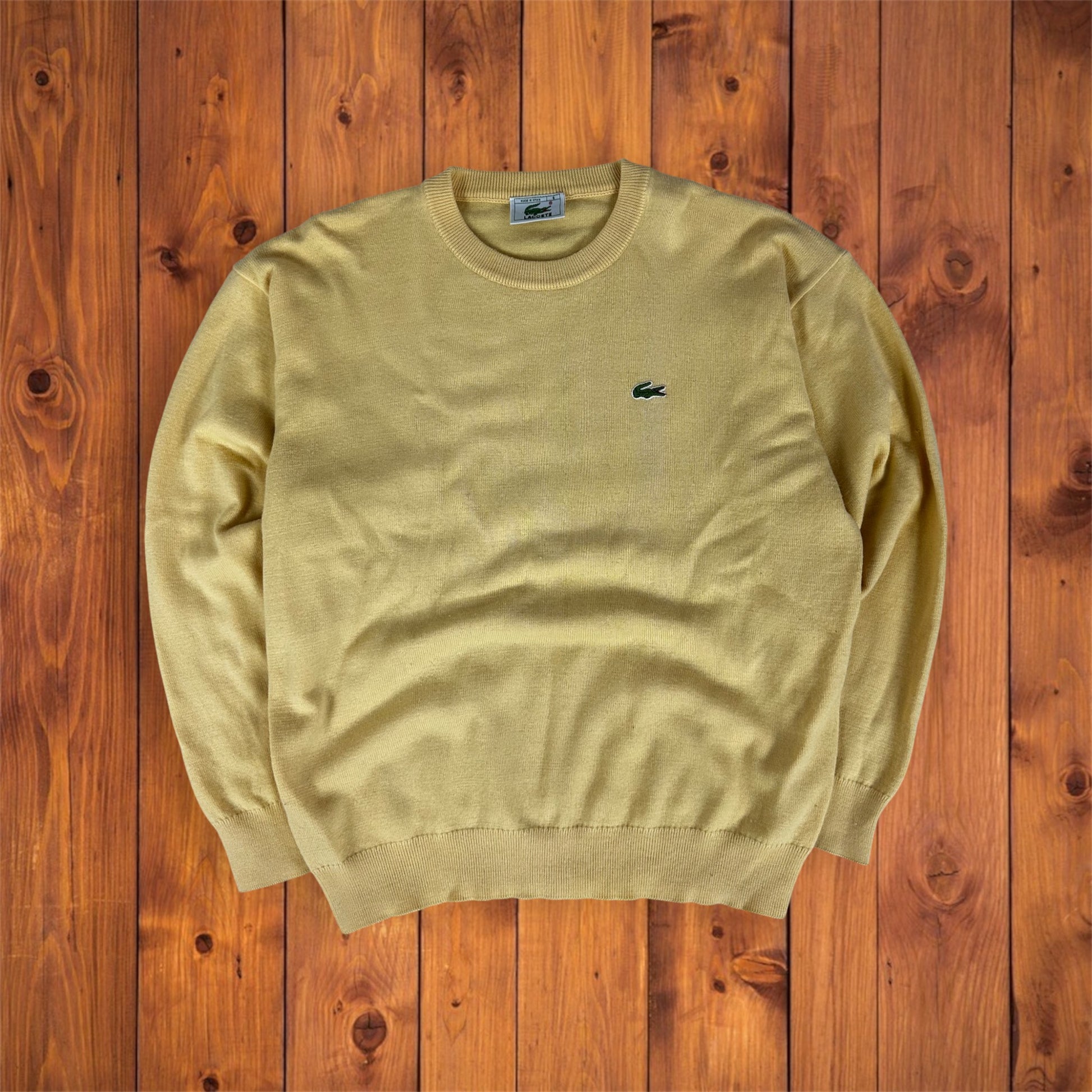 sweater- Pulli XL- Vintage Lacoste Devanlay Wollpullover in Gelb, gesticktes Krokodil-größe-6